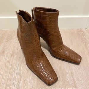 Mango Heeled Ankle Boots with Square Toe in Brown Croc